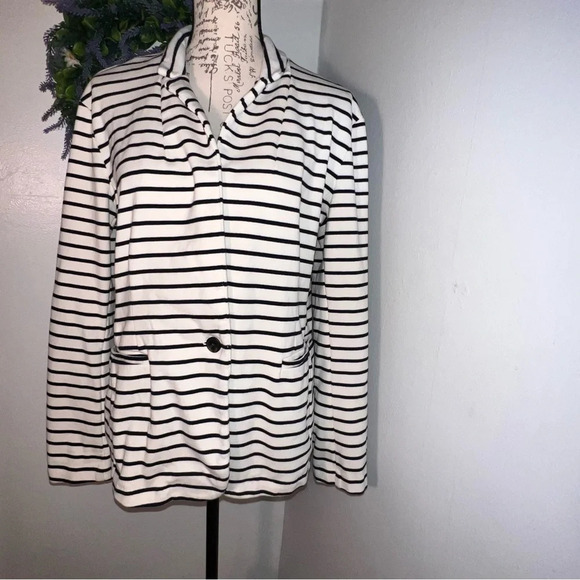 Old Navy,L,off white navy striped long sleeve collared, button front knit jacket - Picture 1 of 12